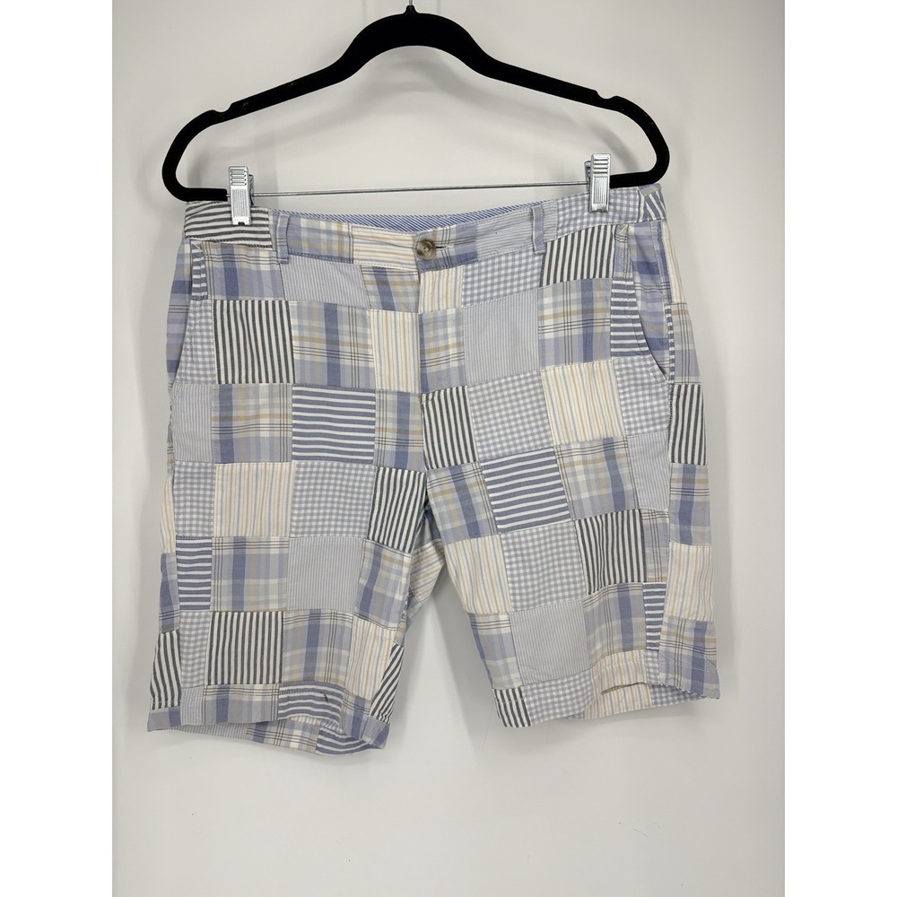 LL Bean Favorite Fit Madras Plaid‎ Shorts Women's 12 Blue Flat Front 9" Inseam